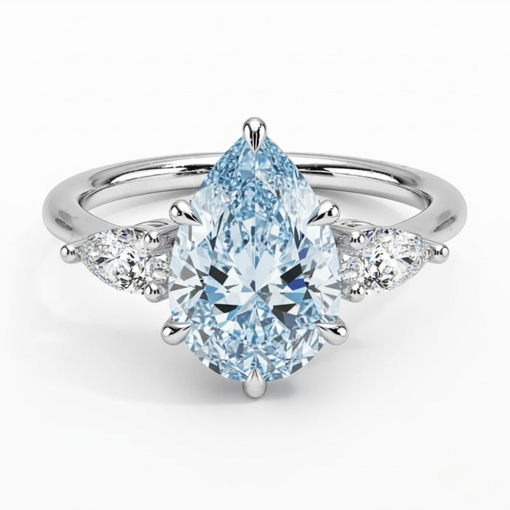 Trilogy Fancy Colored Lab Diamond Ring (Pear Side Diamonds) in White Gold 18K