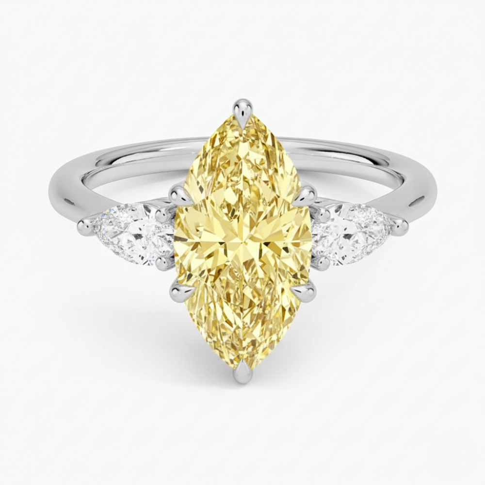 Trilogy Fancy Colored Lab Diamond Ring (Pear Side Diamonds) in White Gold 18K