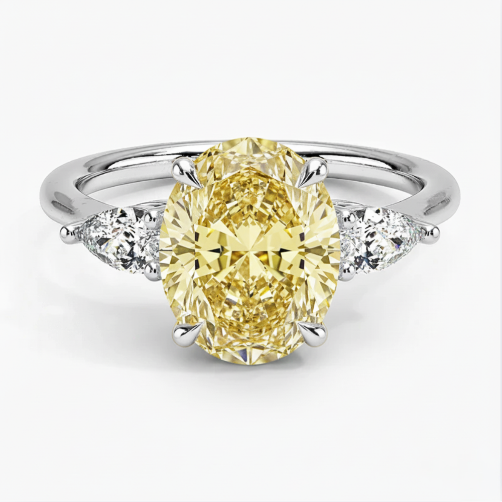 Trilogy Fancy Colored Lab Diamond Ring (Pear Side Diamonds) in White Gold 18K