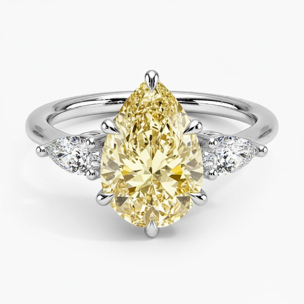 Trilogy Fancy Colored Lab Diamond Ring (Pear Side Diamonds) in White Gold 18K