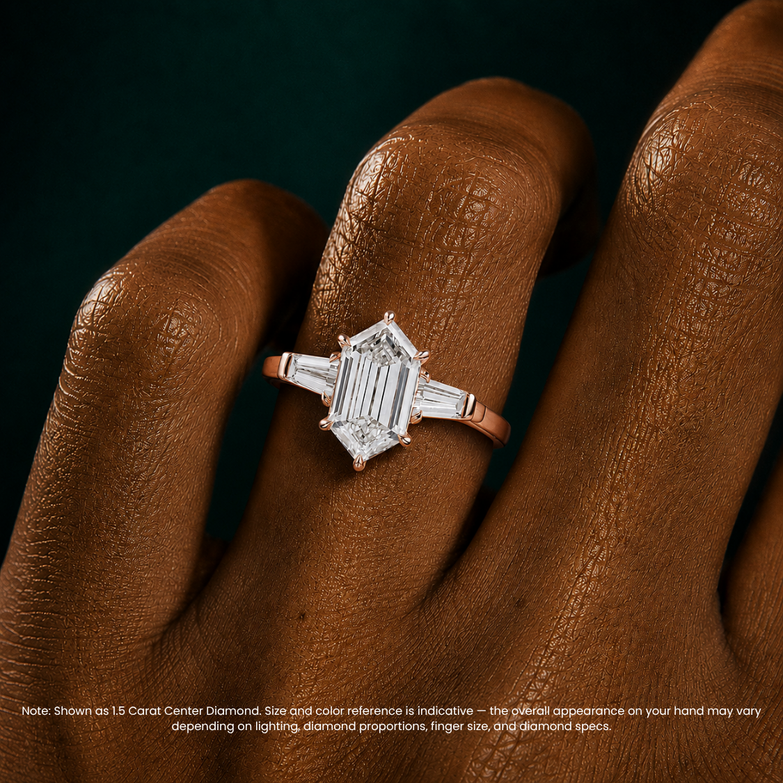 Trilogy (Baguette Side Diamonds) Hexagon Lab Diamond Engagement Ring in 18K Gold