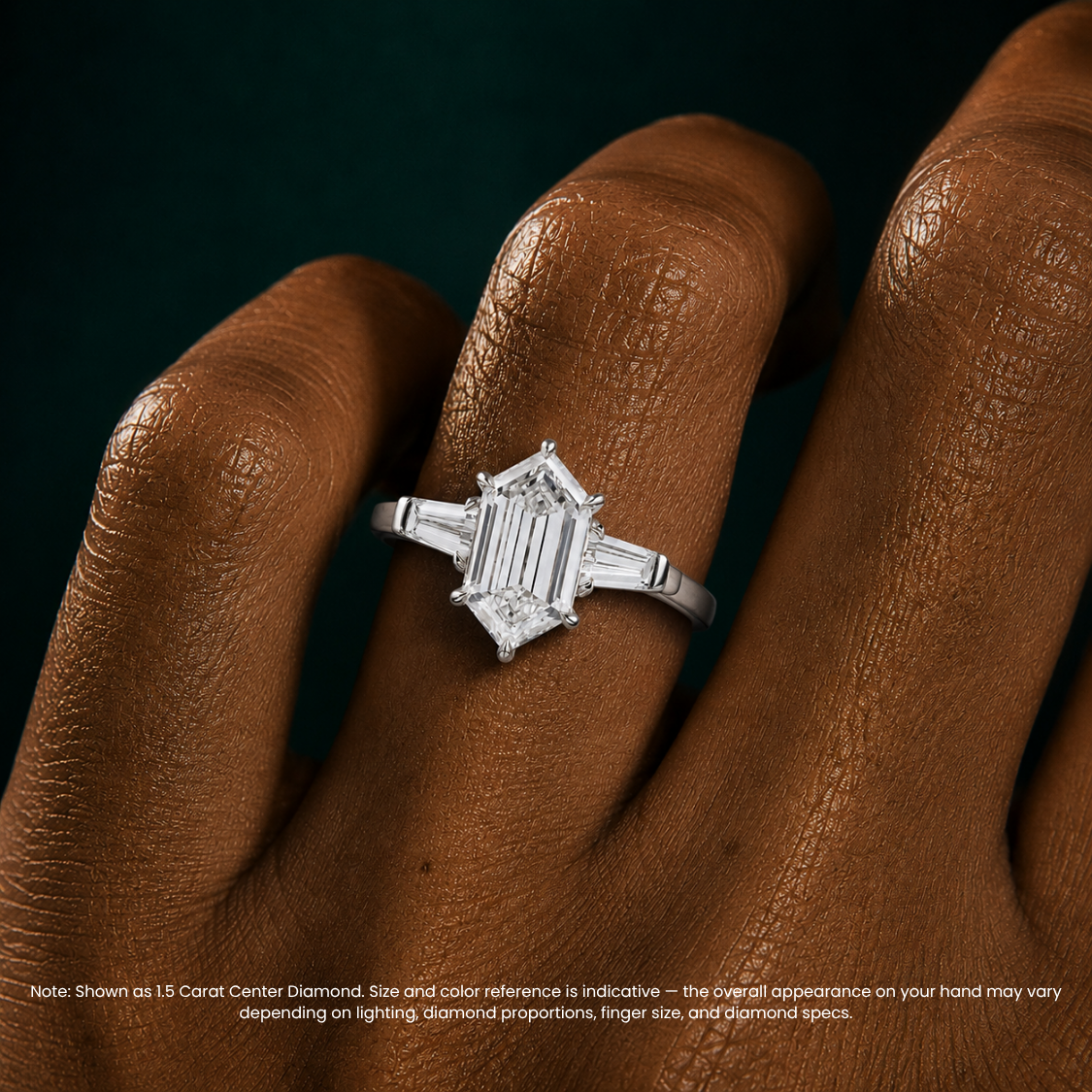 Trilogy (Baguette Side Diamonds) Hexagon Lab Diamond Engagement Ring in 18K Gold