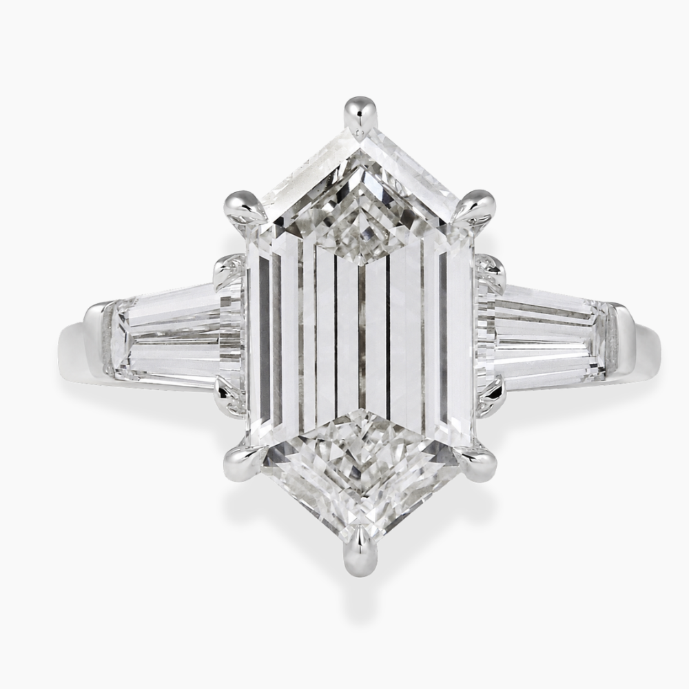 Trilogy (Baguette Side Diamonds) Hexagon Lab Diamond Engagement Ring in 18K Gold