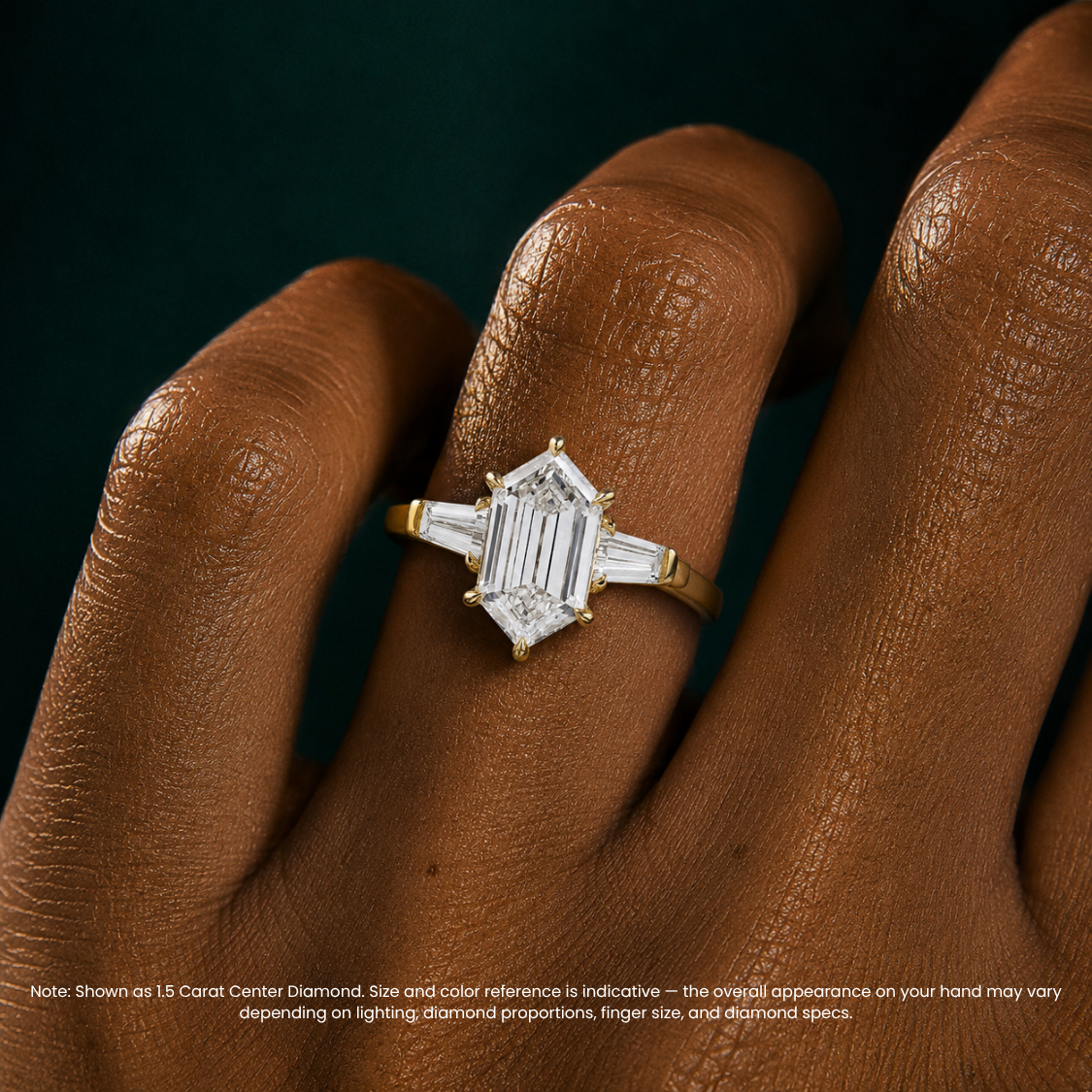 Trilogy (Baguette Side Diamonds) Hexagon Lab Diamond Engagement Ring in 18K Gold