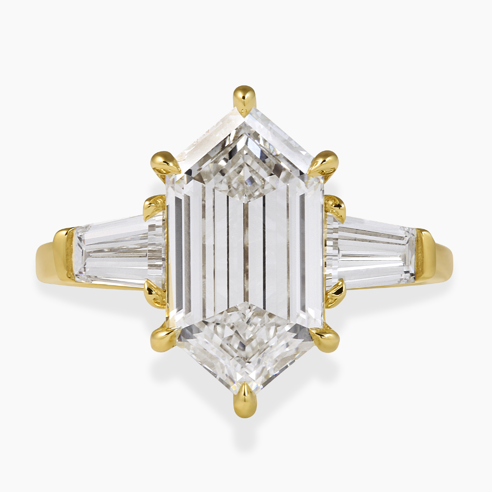 Trilogy (Baguette Side Diamonds) Hexagon Lab Diamond Engagement Ring in 18K Gold
