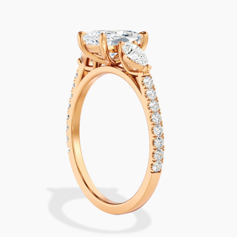 Trilogy Pave Cushion (Pear Side Stones) Lab Grown Diamond Engagement Ring in 18K Gold