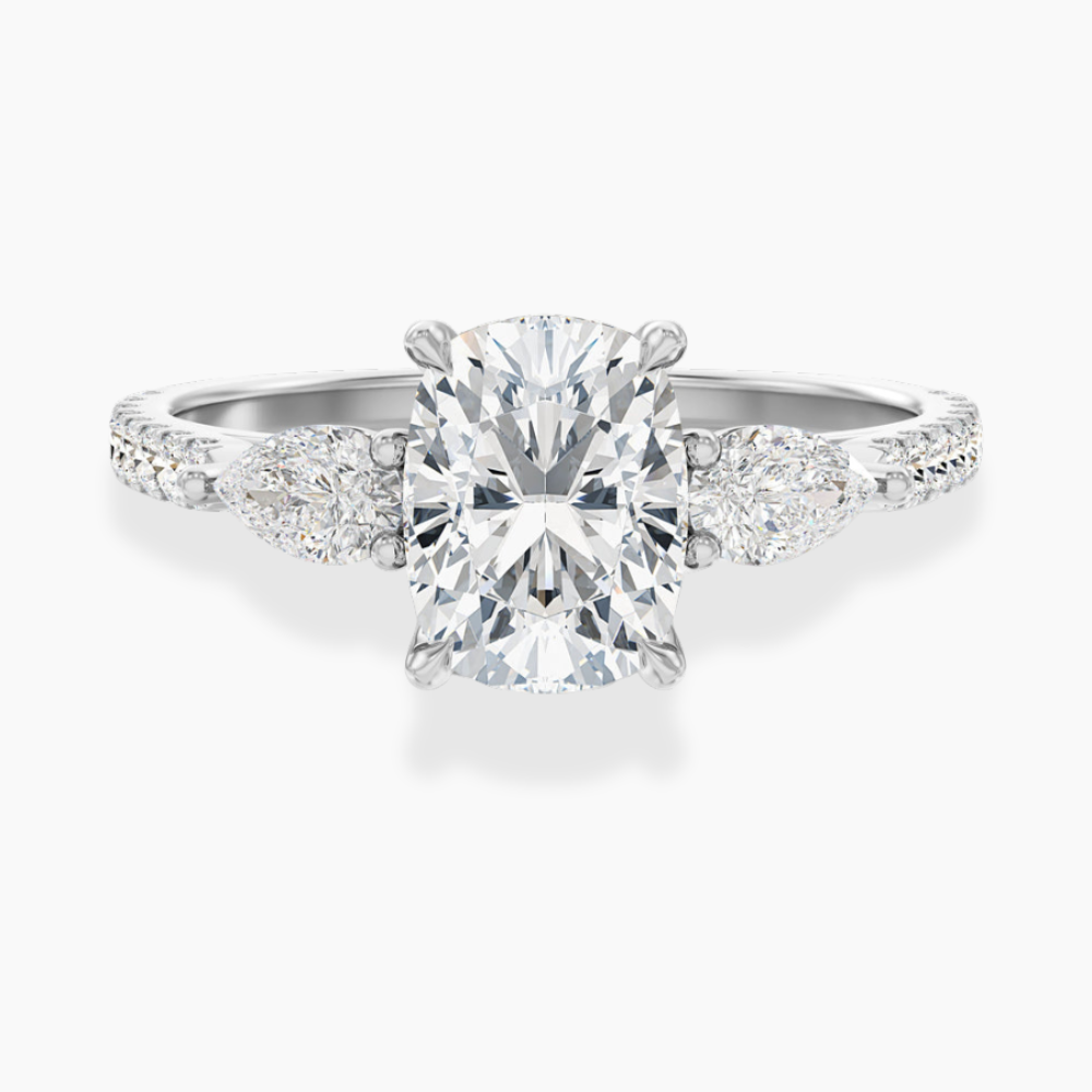 Trilogy Pave Cushion (Pear Side Stones) Lab Grown Diamond Engagement Ring in 18K Gold