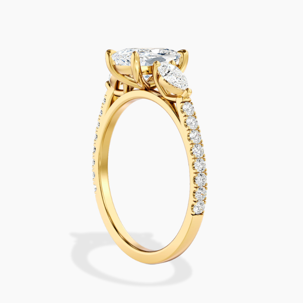 Trilogy Pave Cushion (Pear Side Stones) Lab Grown Diamond Engagement Ring in 18K Gold
