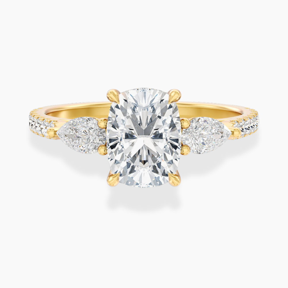 Trilogy Pave Cushion (Pear Side Stones) Lab Grown Diamond Engagement Ring in 18K Gold