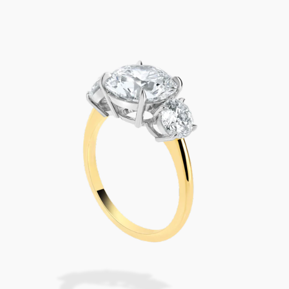 Trilogy Two Tone (Round Side Diamonds) Round Lab Diamond Engagement Ring in 18K Gold